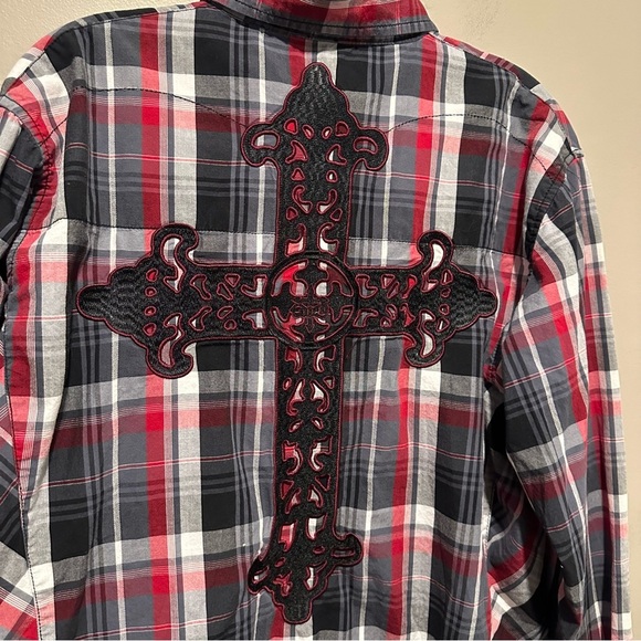 Edify Shirt Mens Large Button Up Embroidered Crosses Plaid Biker Rockabilly - Picture 5 of 8